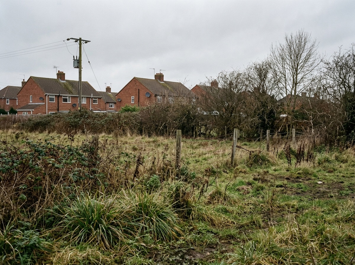 A rough undeveloped plot on the edge of an English village, backing onto ordinary houses